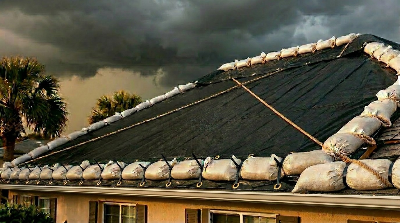 Non-invasive emergency roof tarp installed on Florida home during storm